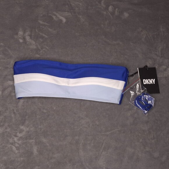 DKNY Womens Strapless Colorblock Bandeau Bikini Top XS Blue/White UV Protection - Picture 1 of 4